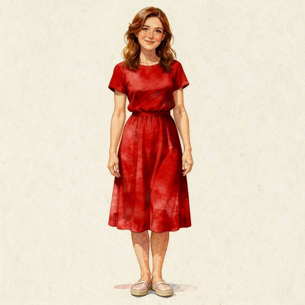 Le personnage après la demande, en robe longue rouge et espadrilles à talon